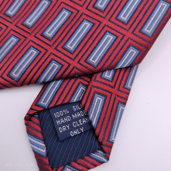 Henry Jacobson Tie Necktie Silk Hand Made Red Blue Geometric Pattern - Picture 4 of 9
